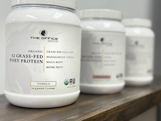 Organic A2 Grass-Fed Whey Protein Powder – Vanilla, Chocolate & Unflavored | The Office Health
